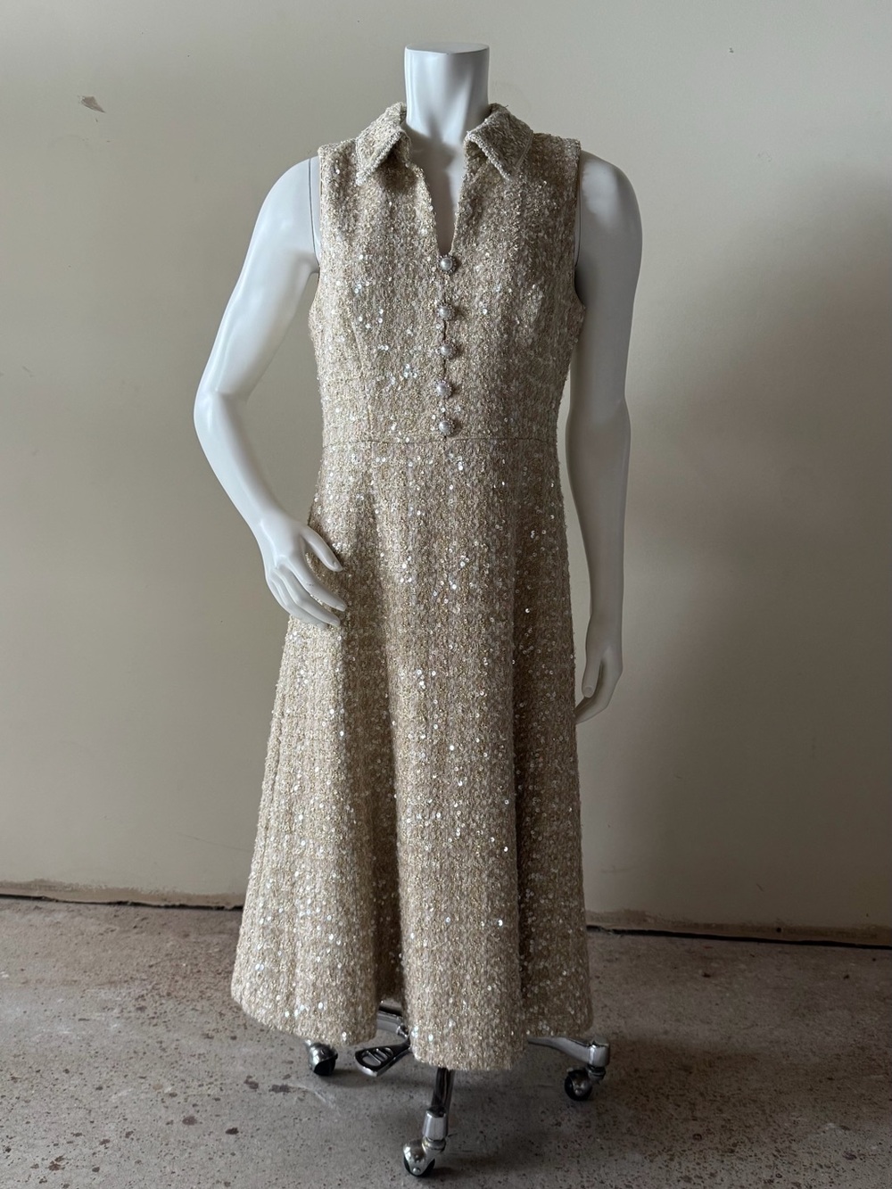 Adrianna Papell Beige Tweed Sleeveless Collared Midi Dress